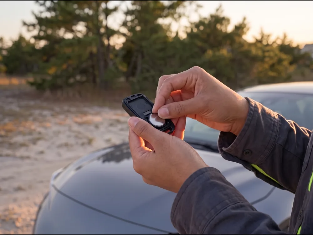 Hands opening the back of a black key fob to check the coin cell battery, the first step of the 3-Check Fob Test