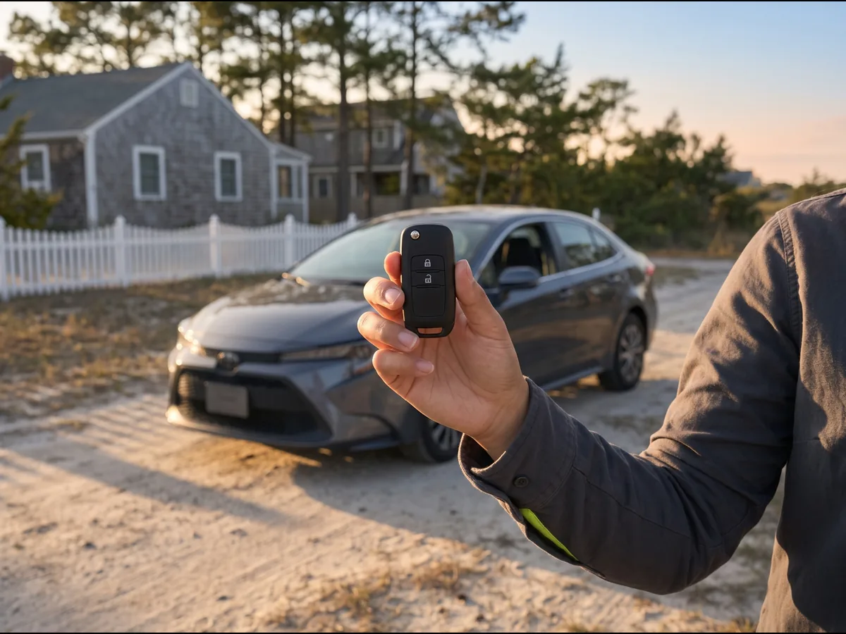 Hand holding a black flip key fob in front of a gray sedan on a Delaware coastal road, for key fob replacement