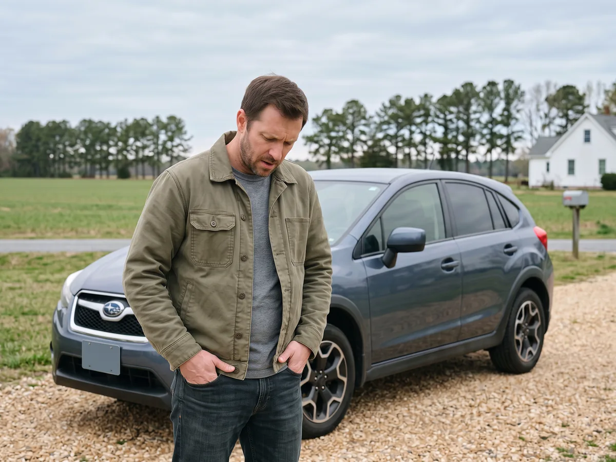 Confused driver with both hands in jeans pockets searching for lost car keys in front of an SUV on a Delaware driveway, for lost all car keys Delaware