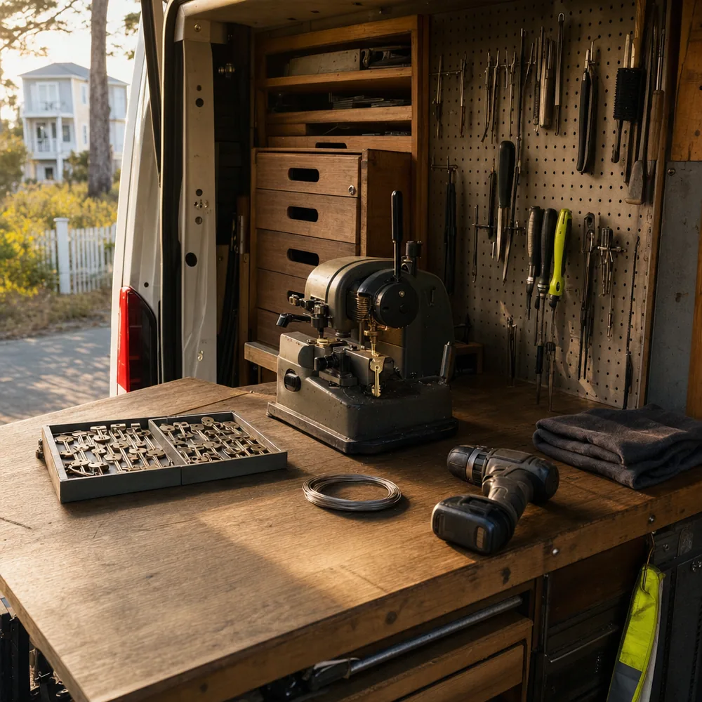 The fitted workbench inside the Lock and Key van, with a key-cutting machine and ordered tools